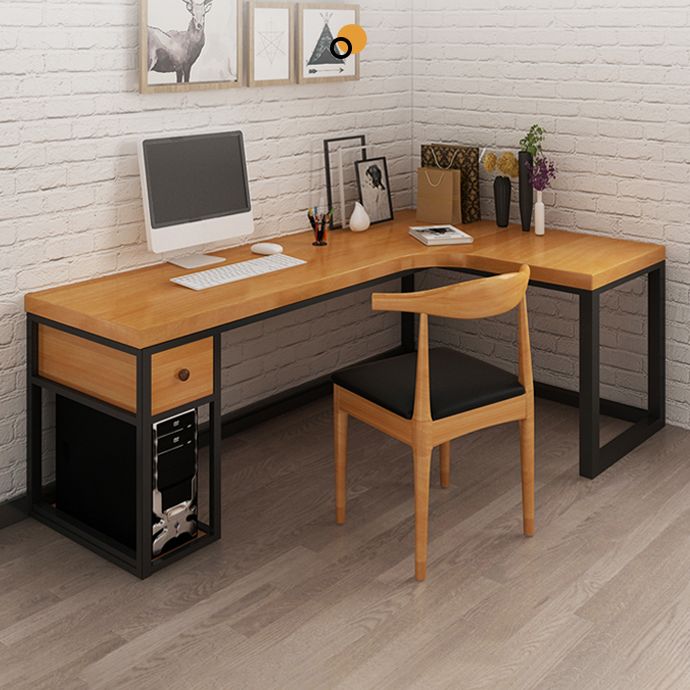 Solid Wood Computer Desk Industrial Style L-Shape Office Desk with Storage and Drawer