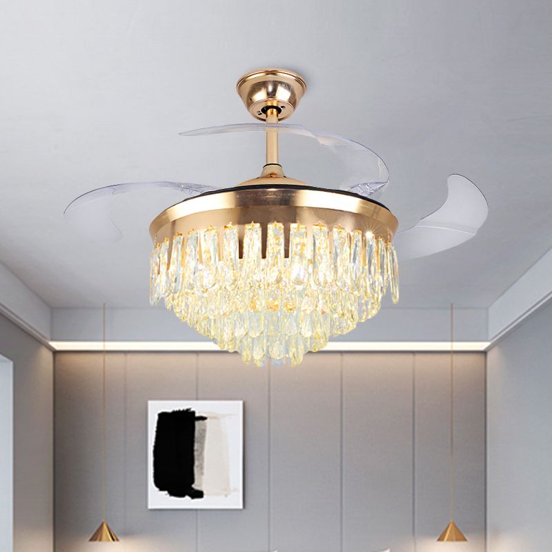 Cascading Ceiling Fan Lighting Simple Crystal Rectangle Great Room 19" W LED Semi Flush in Gold with 4-Blade