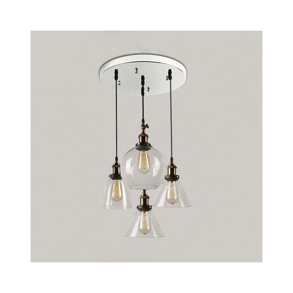 4-Light Multiple Hanging Light with Different Shade Clear Glass Modern Cluster Pendant in Aged Brass, Linear/Round Canopy