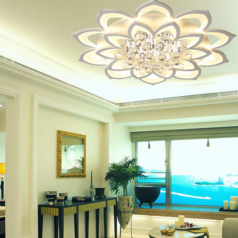 27"/31.5" W White Floral Flush Ceiling Light Contemporary LED Acrylic Flushmount Lighting with Crystal Drop in Warm/White Light