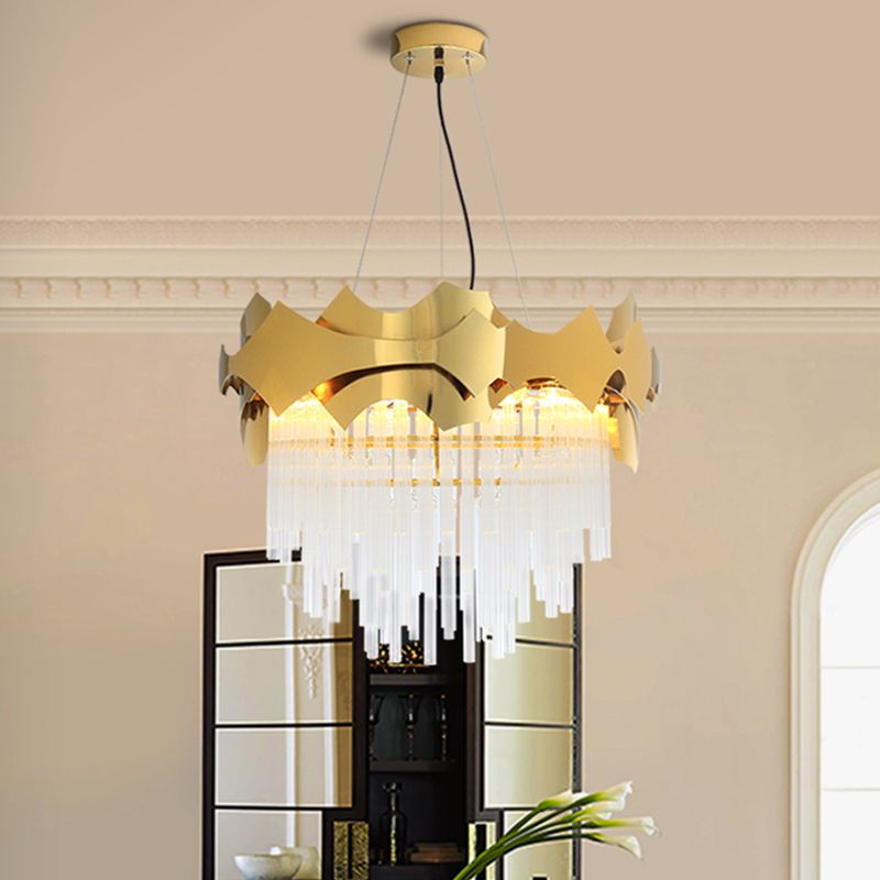 Tapered Chandelier Light Modern Ridged Clear Glass 6 Lights Gold Ceiling Pendant