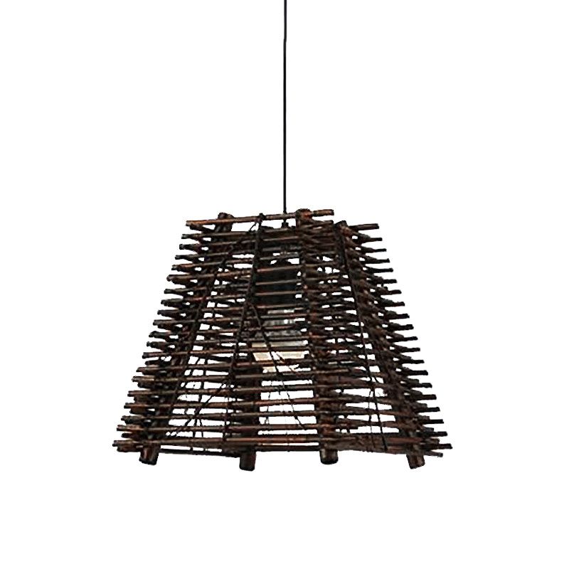 Country Trapezoid Hanging Light Thin/Thick Bamboo Single Light Dining Room Pendant Light in Brown