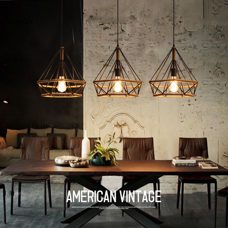 Rope Diamond Pendant Light Fixture Industrial Restaurant Pendant Light Kit in Beige