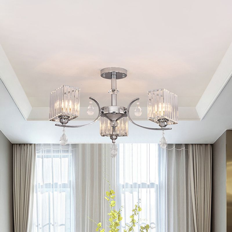 Crystal Prisms Cuboid Ceiling Light Simple 3 Heads Chrome Semi Flush Chandelier with Drop Deco