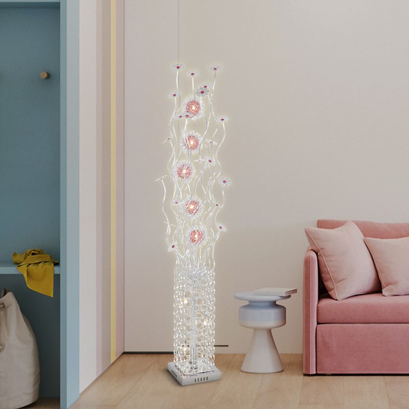 Cuboid Metallic Stand Up Lamp Decorative  Living Room LED Floor Lighting with Floret Design in Silver, Warm/White Light