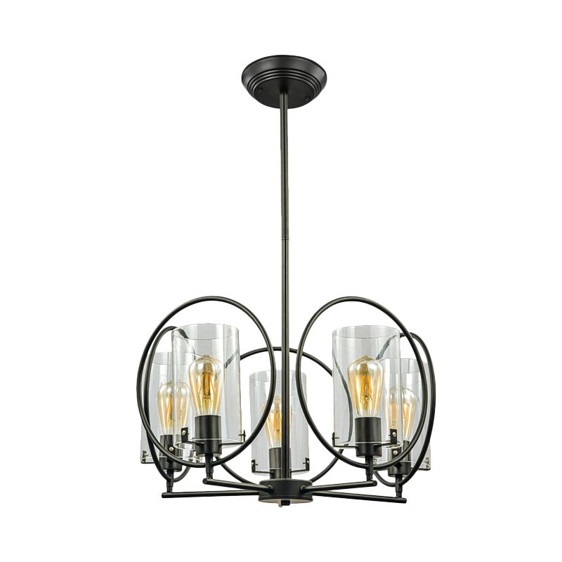 Cylinder Parlor Suspension Pendant Farmhouse Clear Glass 5 Lights Black Chandelier with Hoop Design