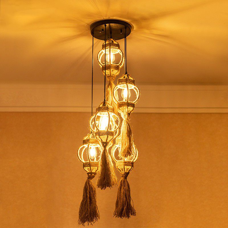 Hand-Made Lantern Kitchen Ceiling Light Farmhouse Hemp Rope 3/6-Head Brown Cluster Pendant with Round/Linear Canopy