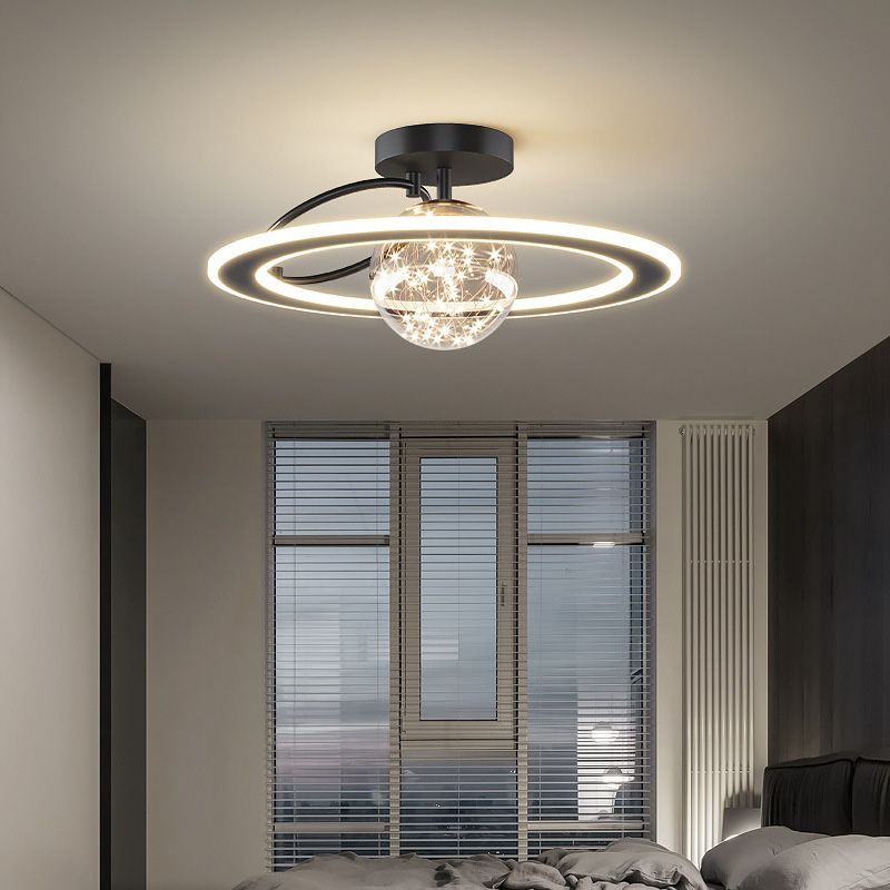 Planet Shaped Modern Style Ceiling Light 18.5" Wide LED String Light Clear Glass Ball Semi Flush-mount Lamp for Bedroom