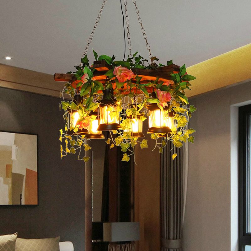 Metal Rudder Chandelier Light Fixture Antique 6 Heads LED Restaurant Pendant Lamp in Green with Plant Decoration