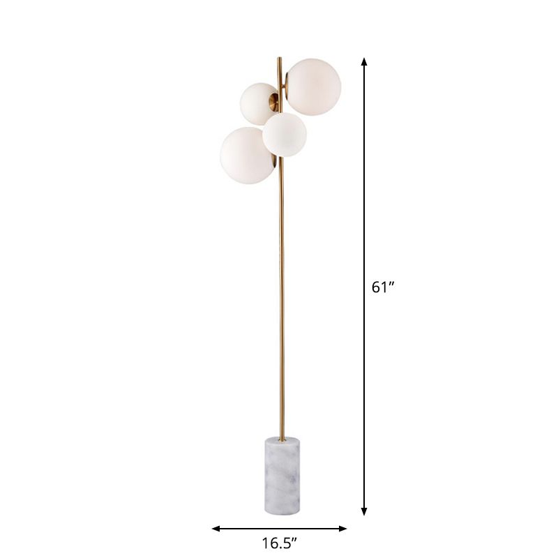 Postmodern 4-Head Floor Light Brass Globe Stand Up Lamp with White Glass Shade for Living Room