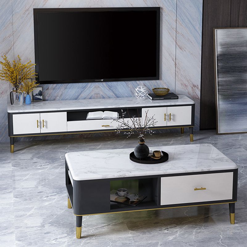 Contemporary TV Console Stone Open Storage TV Stand Console with Drawers and Doors