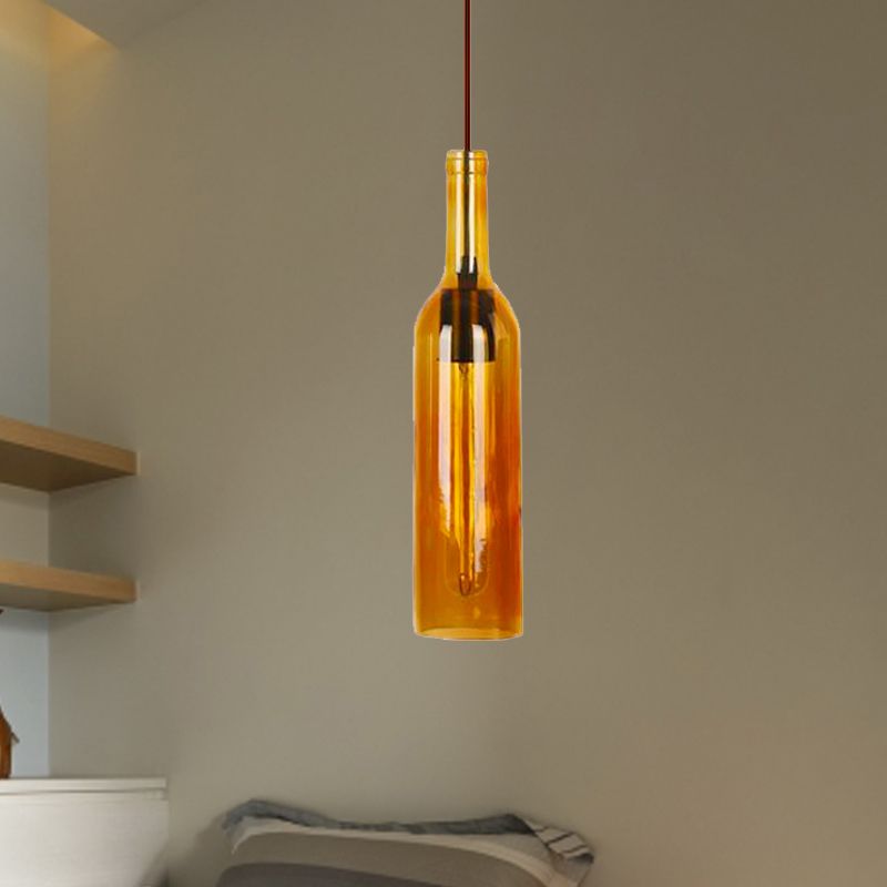 Red/Yellow 1 Head Hanging Light Fixture Vintage Style Glass Wine Bottle Suspension Lamp for Dining Room