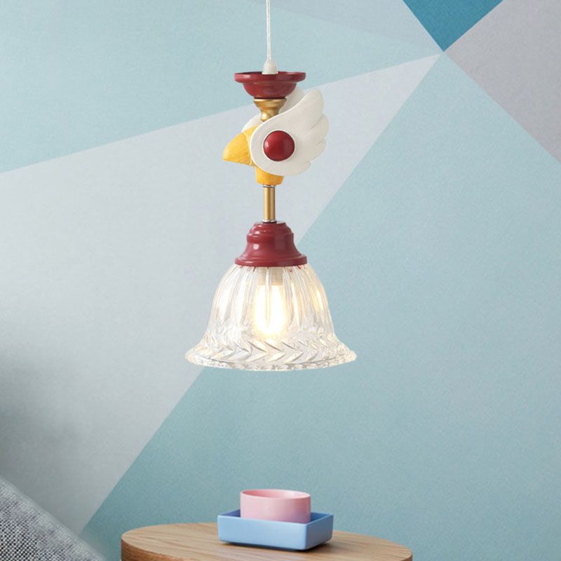 Bell Clear Glass Drop Lamp Cartoon 1-Head Red Down Lighting Pendant with Globe/Bird Design for Bedroom