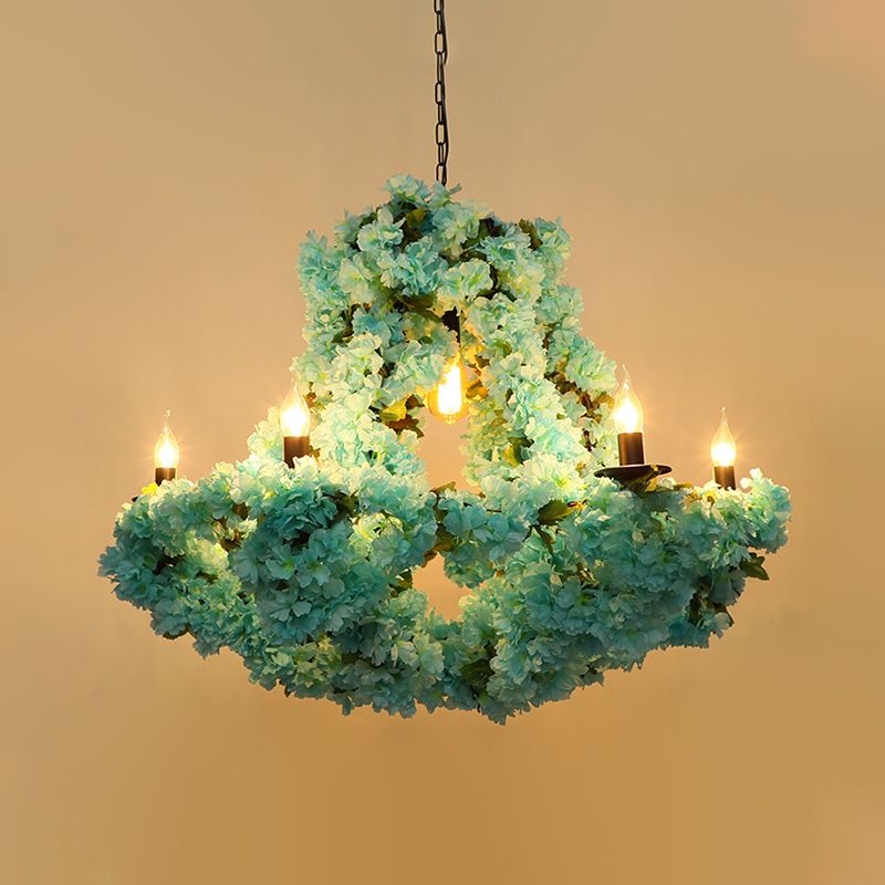 6 Bulbs Candle Pendant Chandelier Industrial Blue Metal LED Suspension Lighting Fixture with Cherry Blossom Decoration