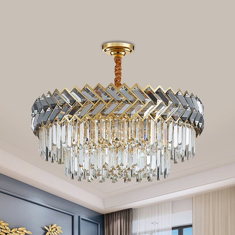 9 Bulbs Chandelier Pendant Light Modern 2-Layered Crystal Rods Suspension Light with Herringbone Design in Black-Gold