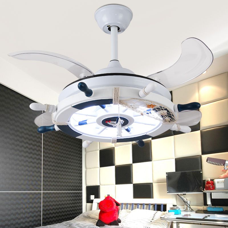 Éclair de ventilateur de pendentif à 4-lames blanches Éclairage pour enfants LED METAL METAL LEMP MONT AVEC avec télécommande, 42 pouces de large