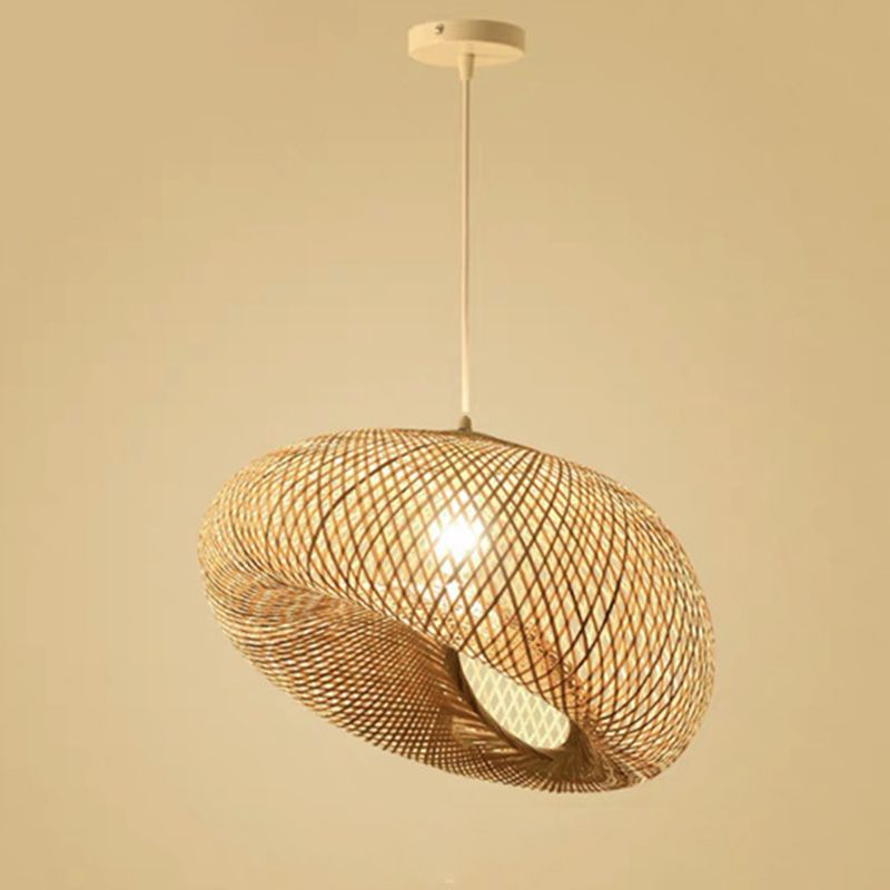 Beige Hand-Worked Pendant Chinese Style Single Light Bamboo Hanging Light for Dining Table