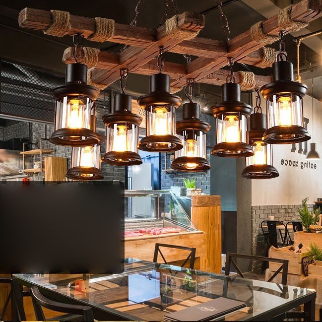 8 Light Chandelier Pendant Light Lodge Wood and Iron Rope Pendant Hanging Lights in Black for Restaurant