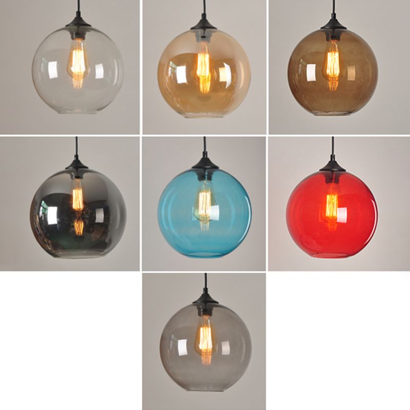 Industrial Vintage Single Pendant Light Wrought Iron Globe Hanging Lamp with Glass Shade