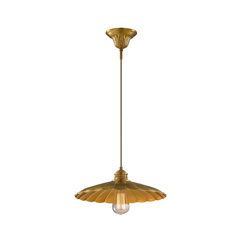 1 Light Pendant Lamp Vintage Style Scalloped Shade Metal Suspension Light in Brass for Farmhouse