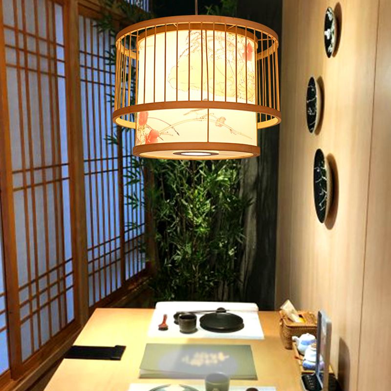 Asian Style Restaurant Anhänger leichter zylindrischer Bambus -Drop -Lampe mit bedrucktem Schatten
