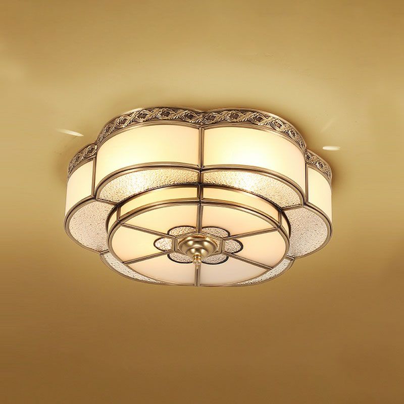 Flower Corridor Ceiling Mount Lamp Traditional Frost Glass Brass Finish Flush Light Fixture