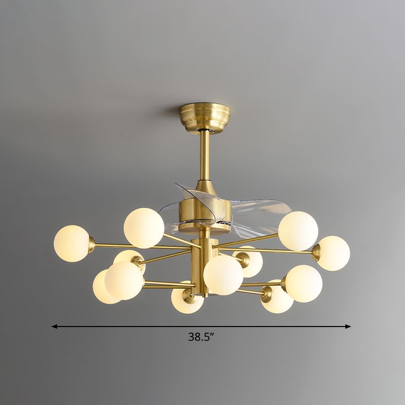 Brass Sputnik 3 Blades Pendant Fan Lamp Mid-Century 12-Light 38.5" Wide Ivory Glass Semi Flush Mount Fixture with Remote