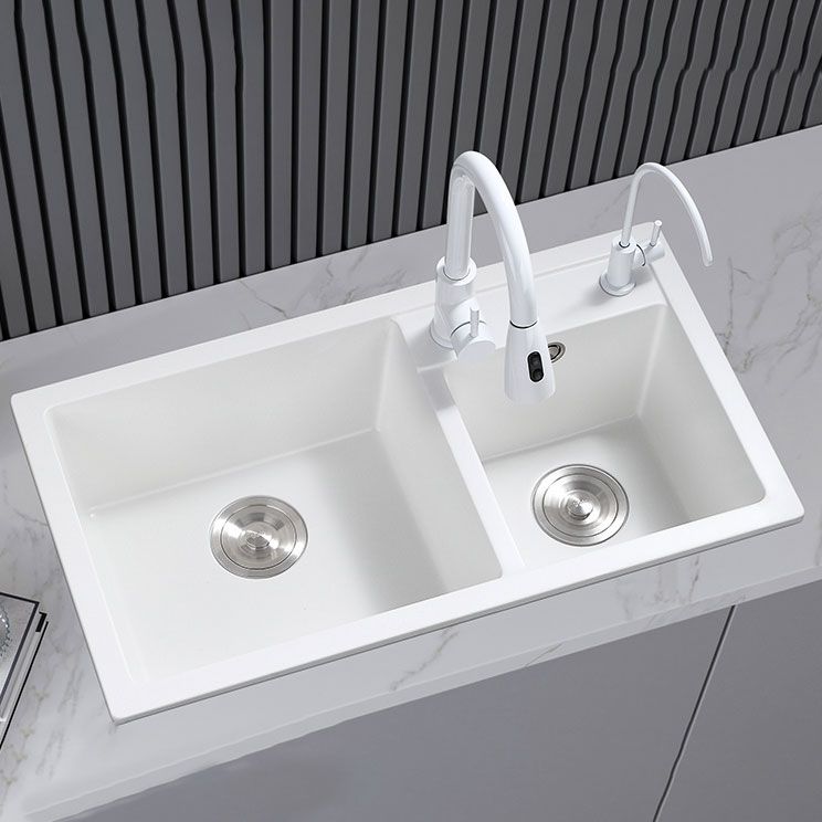 Classic Quartz Sink Double Bowl Solid Color Kitchen Sink with Faucet