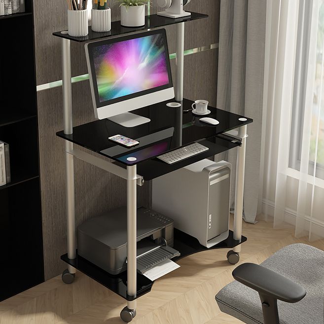 Toughened Glass Rectangular Computer Desk with Caster Wheels and Keyboard Tray