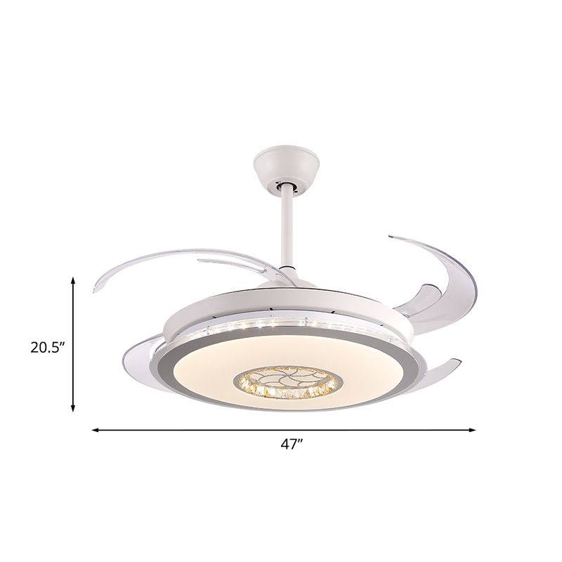 Minimalistic Round LED Ceiling Fan 47" Wide 4-Blade Crystal Semi Mount Lighting in White