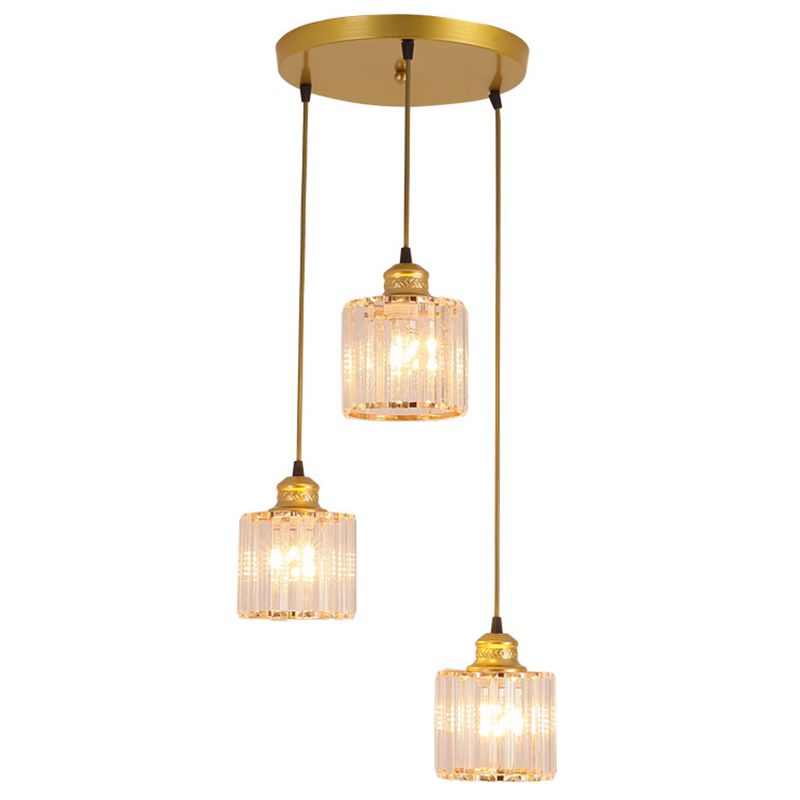 3 lumières Cylindre Multi-suspension luminaire industriel en verre côtelé Light avec cordon suspendu pour restaurant