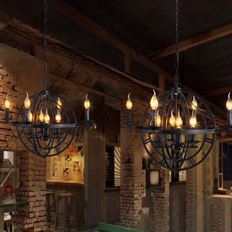 Industrial Globe Cage Chandelier Lighting Fixture 6-Bulb Iron Ceiling Light in Bronze/Black with Candle Design