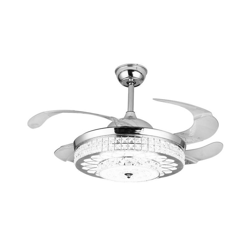 Silver/Gold 2-Tier LED Downrod Ceiling Fan Modernist 4-Blade Faceted Crystal Hanging Lamp with Wall Control/Remote Control/Frequency Conversion