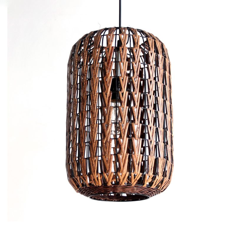 1 Head Restaurant Ceiling Light Asian Brown Pendant Lighting Fixture with Barrel Rattan shade