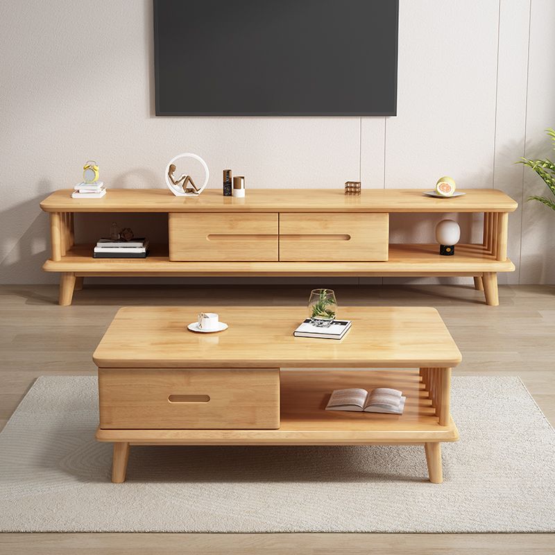 Contemporary Rubber Wood TV Console 2 Drawers Media Console with Splayed Wooden Legs