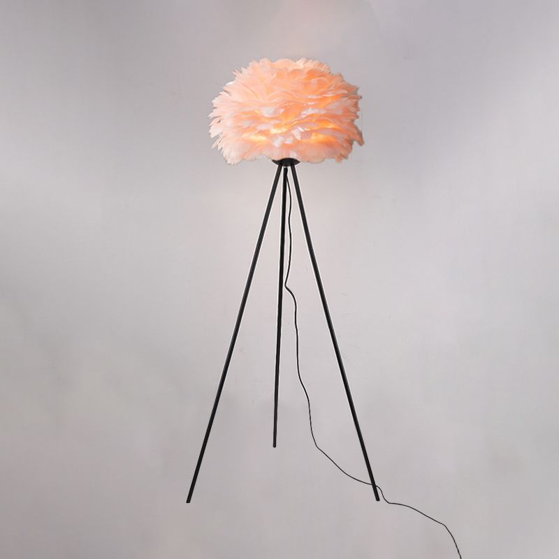 Dome Feather Floor Lamp Minimalist Single Grey/White/Pink Floor Light with Black/White/Gold Tripod for Bedroom