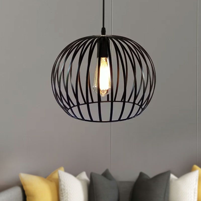 12"/14" Wide Globe Cage Metal Ceiling Light Industrial 1 Bulb Living Room Pendant Lighting in Satin Black