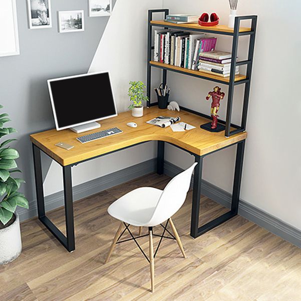 L-Shaped Office Desk Solid Wood Study Room and Office Writing Desk with Shelf