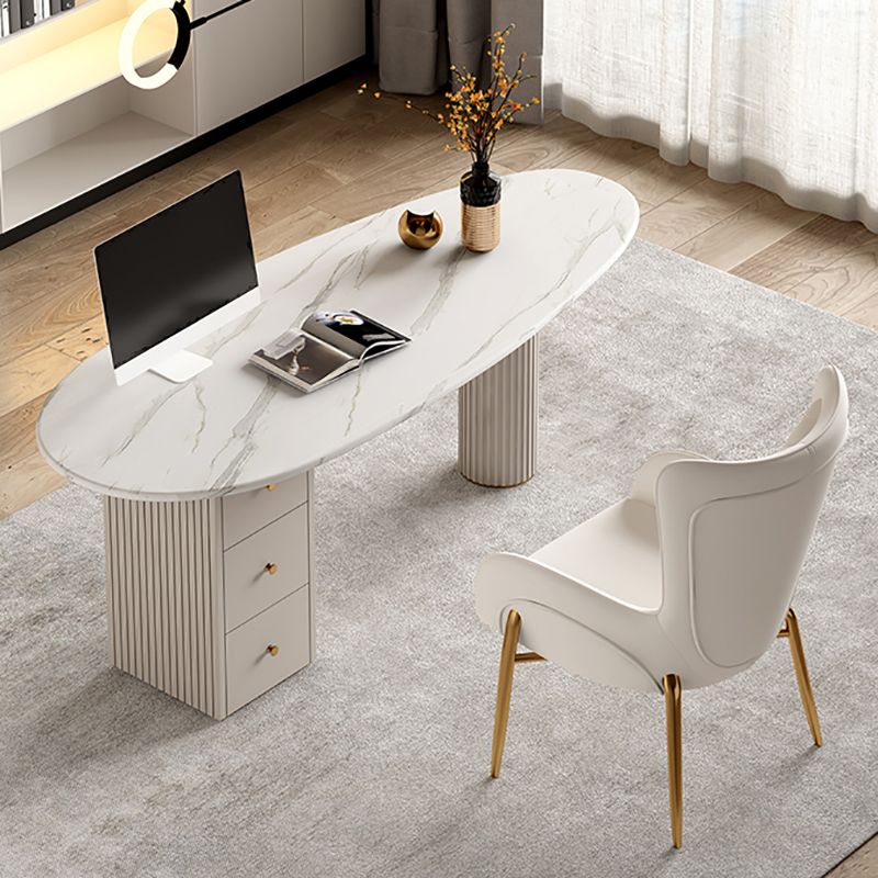 White Writing Desk Sintered Stone Desk with Three Drawers for Home and Office