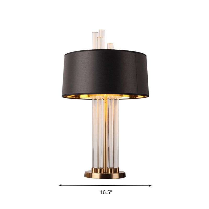 Black Drum Table Light Countryside Fabric Single Head Bedroom Night Lamp with Tube Crystal Accent