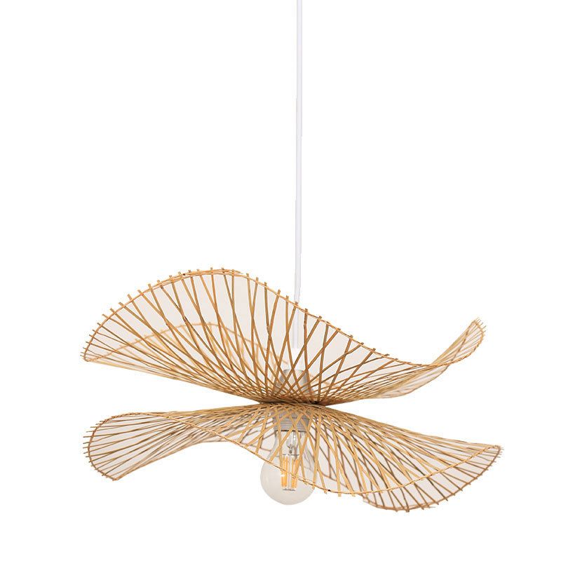 Single Hallway Ceiling Suspension Lamp Minimalist Wood Pendant with Ruffle Bamboo Shade