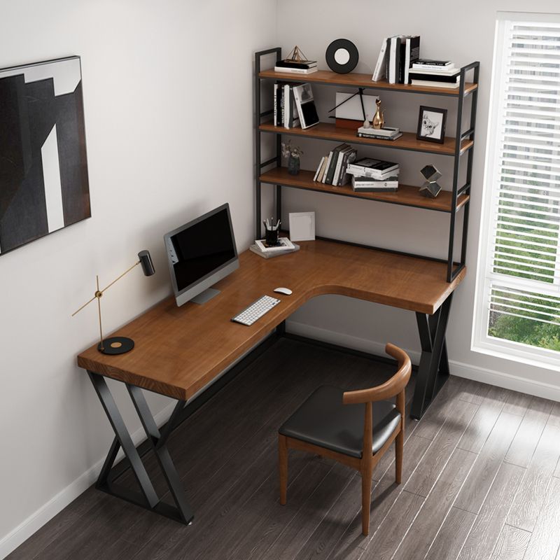 Solid Wood L-Shape Writing Desk Modern Office Desk with Bookshelf