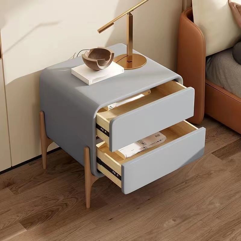 Contemporary Night Table Faux Leather Bedside Cabinet with 2 Drawers