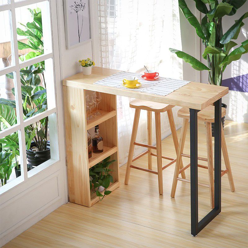 Contemporary Storage Solid Wood Counter Table with Metal Base