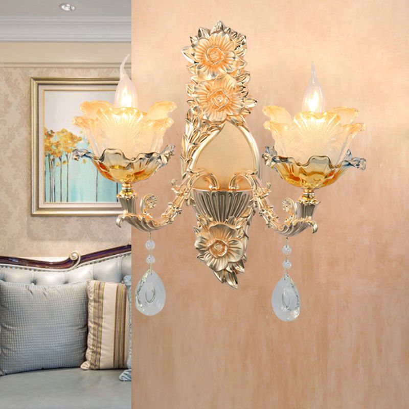 Mid-Century Flower Shade Wall Sconce 2 Heads Crystal Wall Mount Light Fixture in Gold