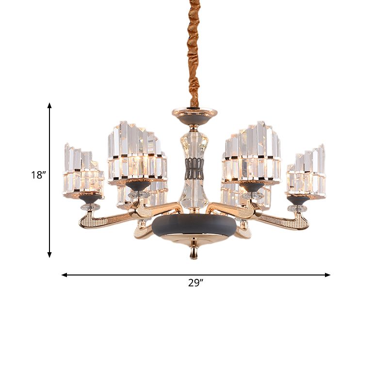 Arced Panel Pendant Chandelier Modernist Clear Crystal Block 6-Light Dining Room Ceiling Hang Fixture in Gold