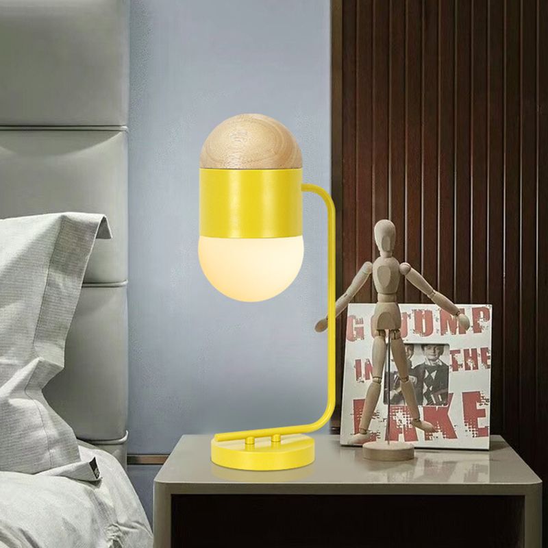 Capsule Night Light Modern Metallic Single Bedside Nightstand Lamp in Yellow and Wood