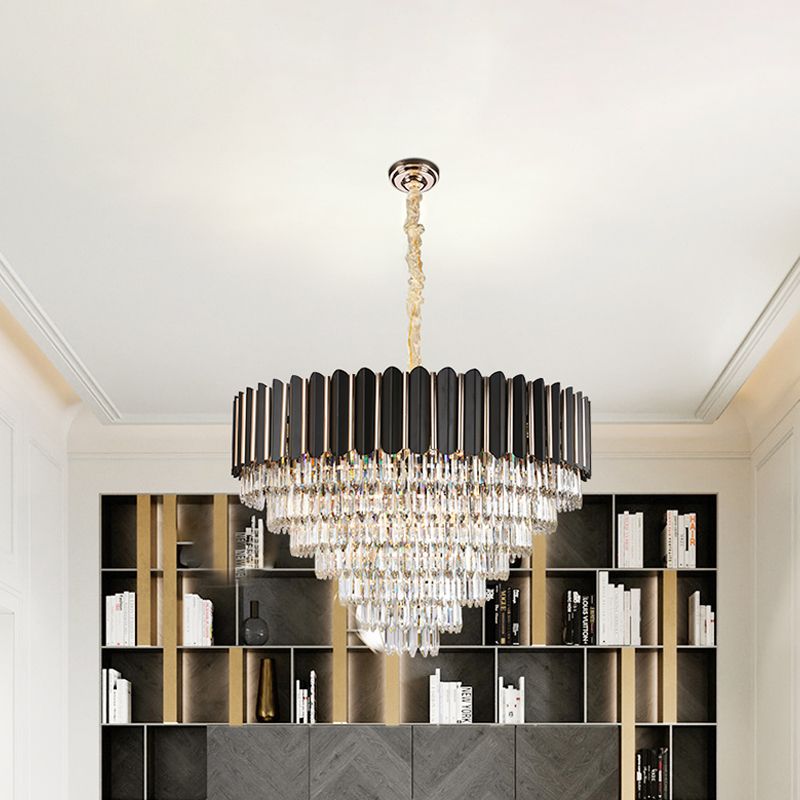 Faceted Crystal Round Shade Chandelier Light with Metal Sheet Modern Multi-Light Ceiling Pendant Light in Black