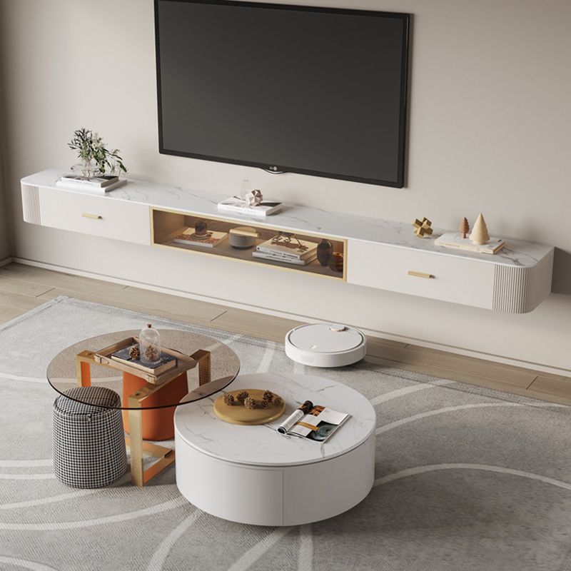 Contemporary Floating Media Console White Faux Wood Stand Console with Drawers