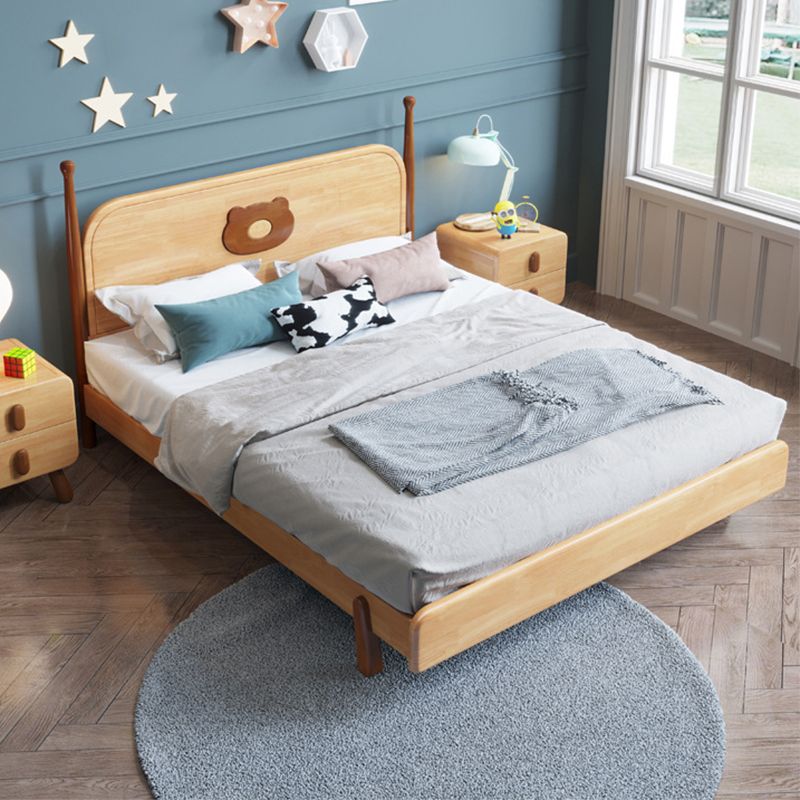 Solid Wood Platform Bed Brown Rubberwood Kids Bed with Headboard